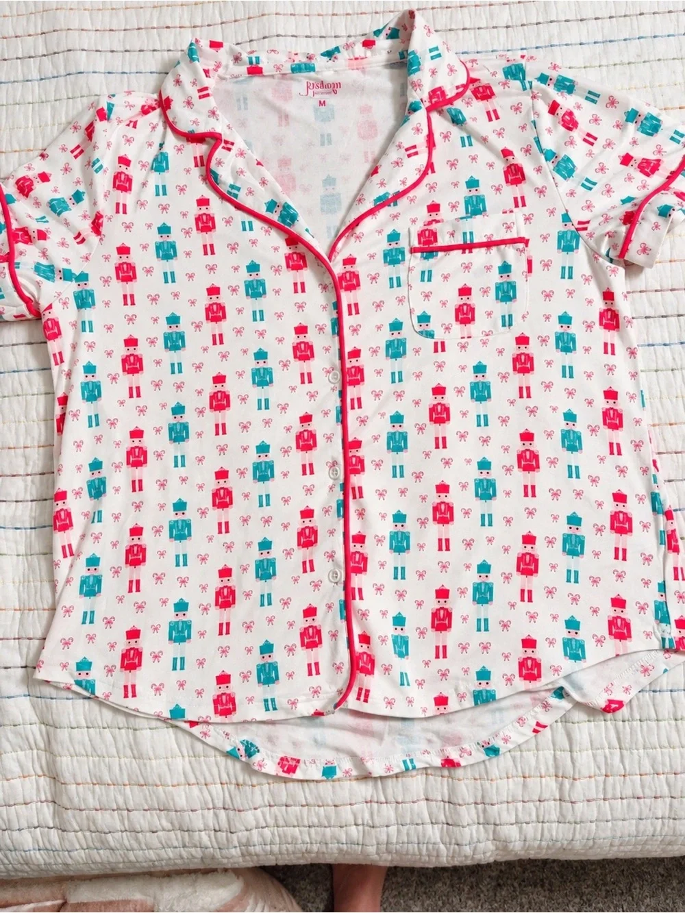 Short-Sleeve White Button-Down Pajamas with Pink & Teal Nutcracker design